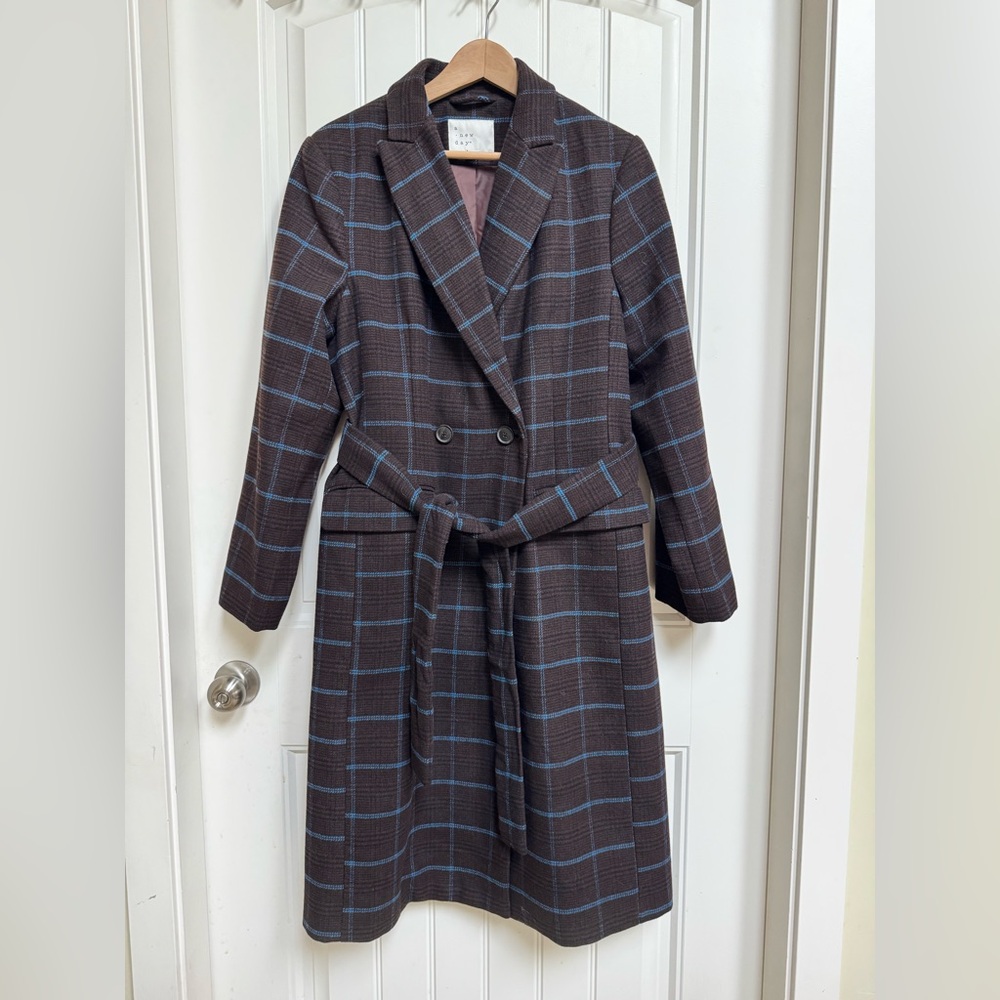 NWOT A New Day Brown and Blue Check Wool Blend Winter Coat. Size M